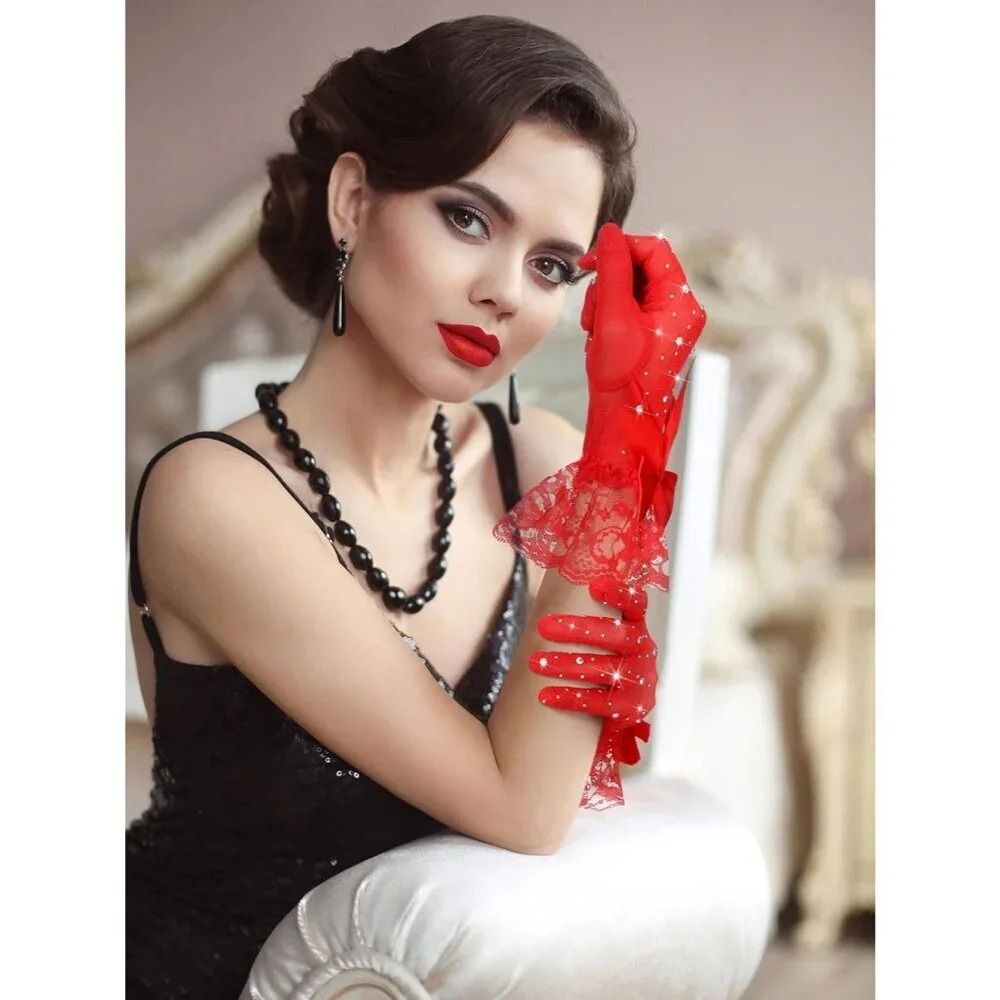 Women's Evening Rhinestones Red Short Lace Bow Gloves Accessories Halloween